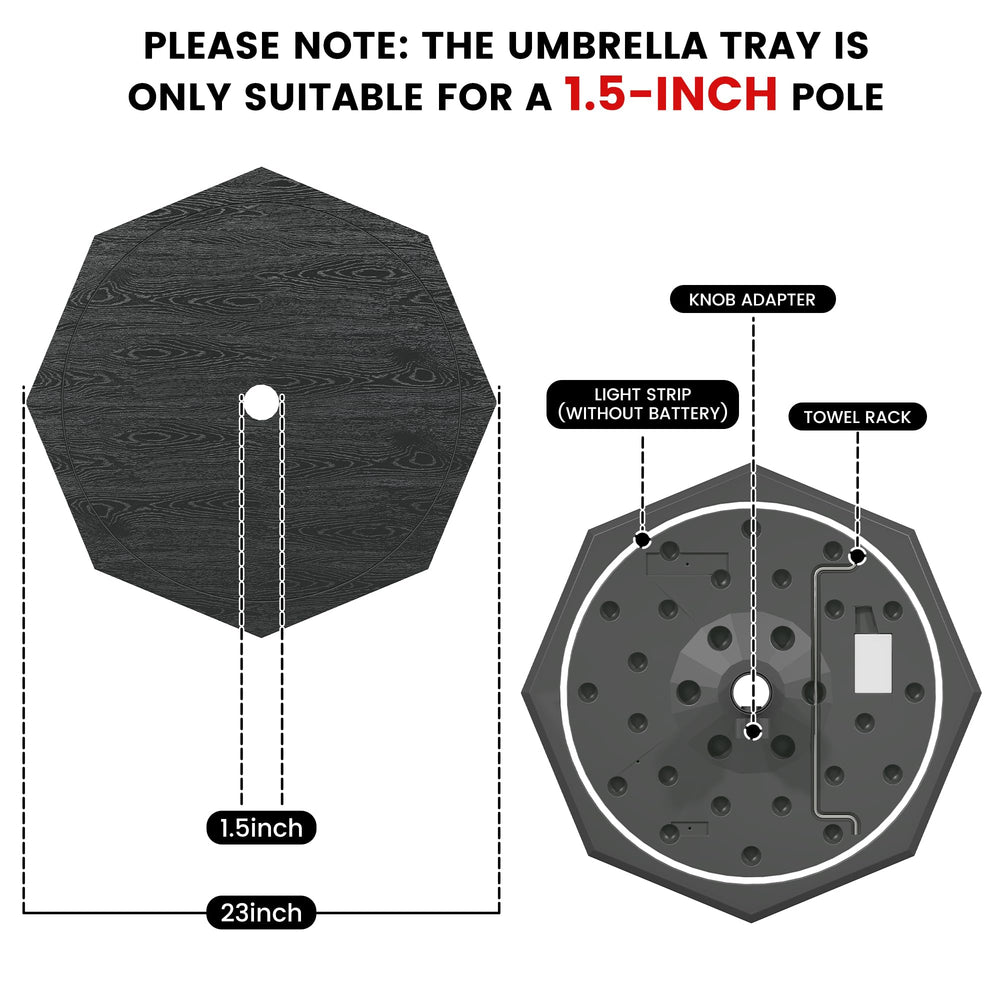 Sundale Outdoor tray mounted on 1.5 inch pole showing correct fit