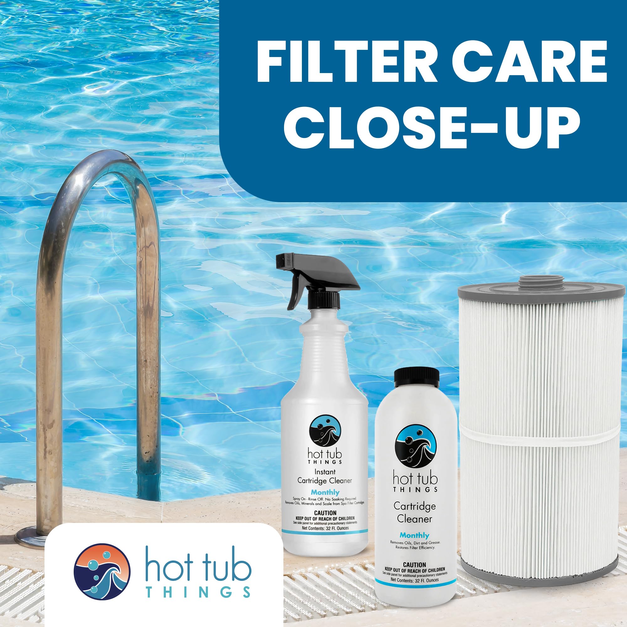 Sundance filter next to a filled spa conveying improved water clarity benefit