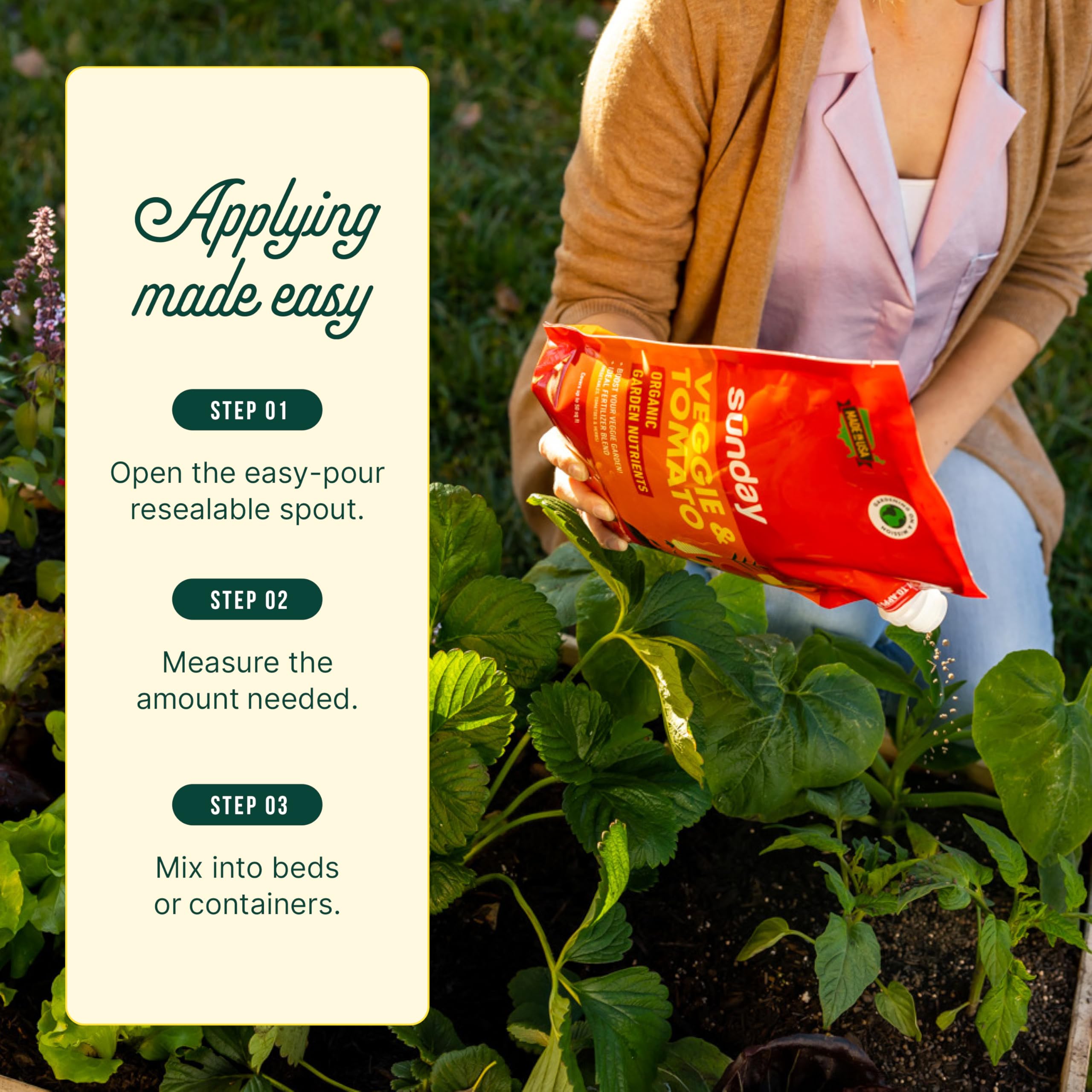 SUNDAY being applied to a container garden for stronger vegetable growth