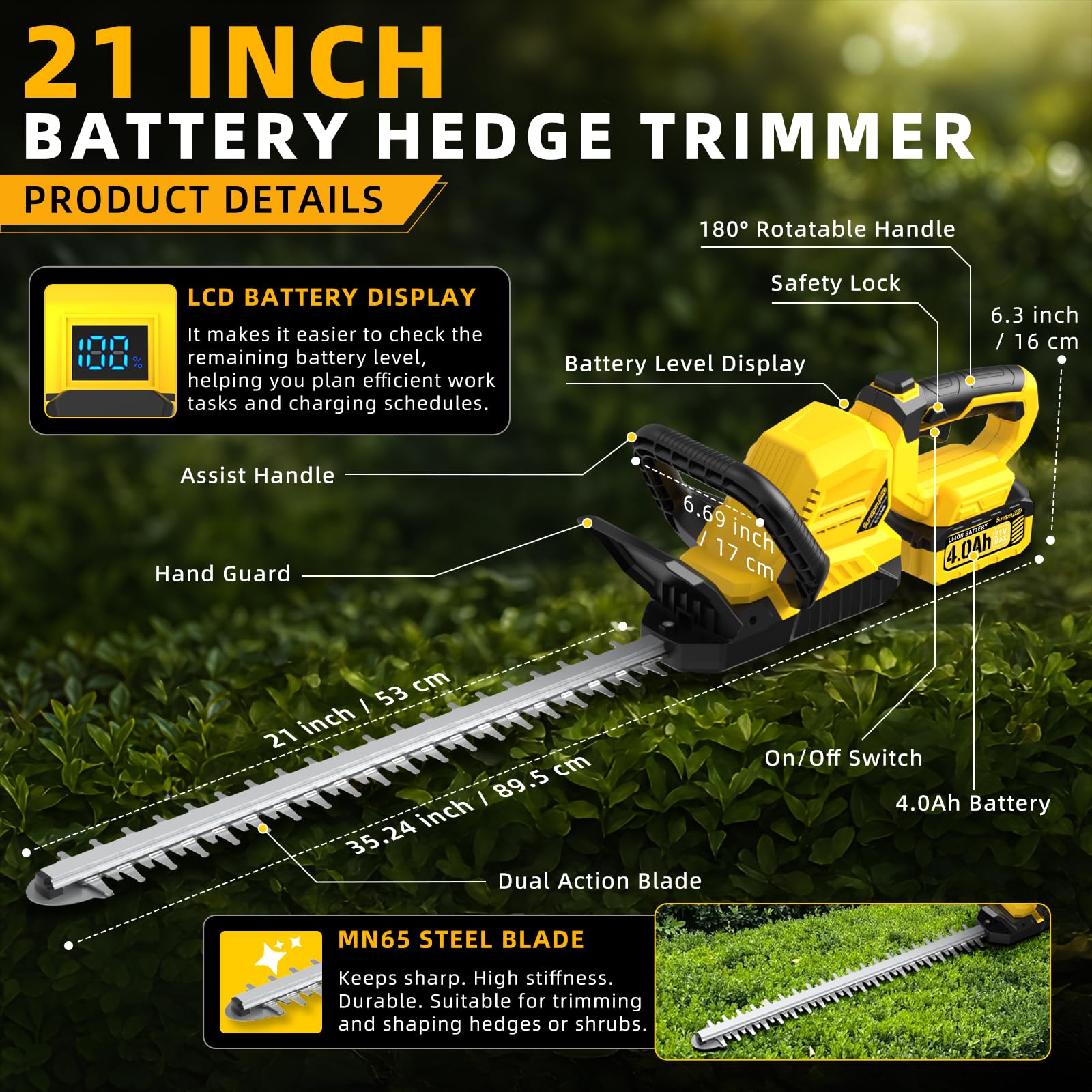 SundpeyPRO close-up of 21-inch 65Mn double-action blade for smooth cuts
