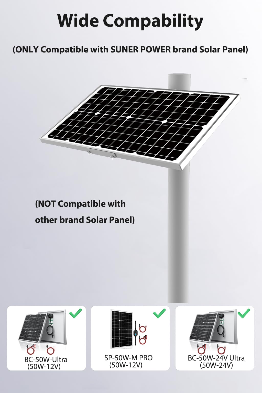 SUNER POWER pole diameter comparison showing compatibility with 60mm to 100mm poles for correct fit
