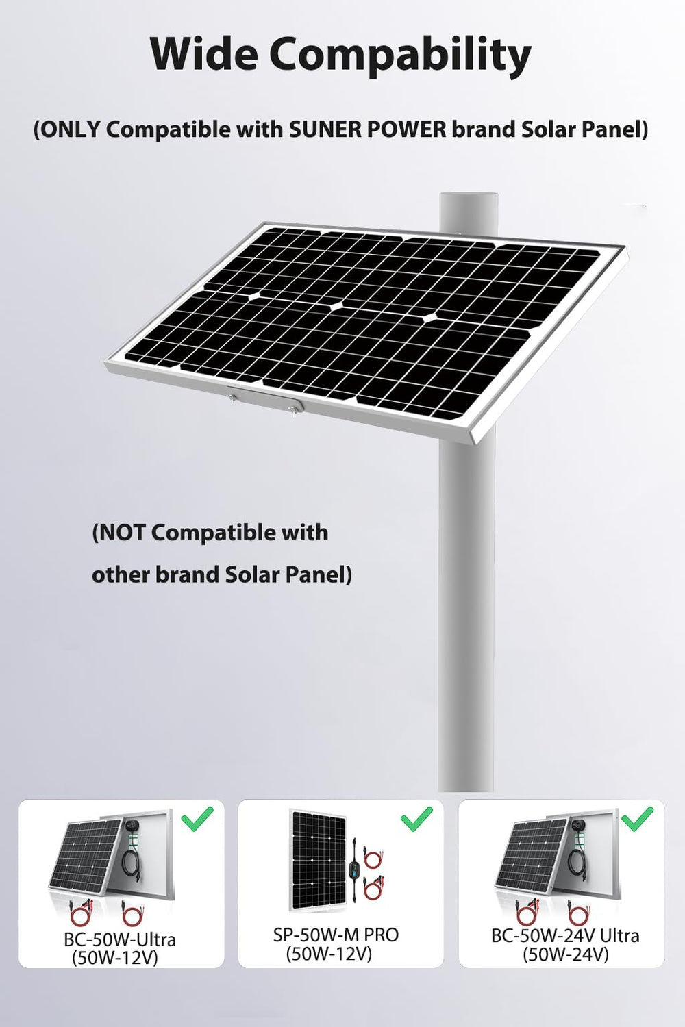 SUNER POWER pole diameter comparison showing compatibility with 60mm to 100mm poles for correct fit