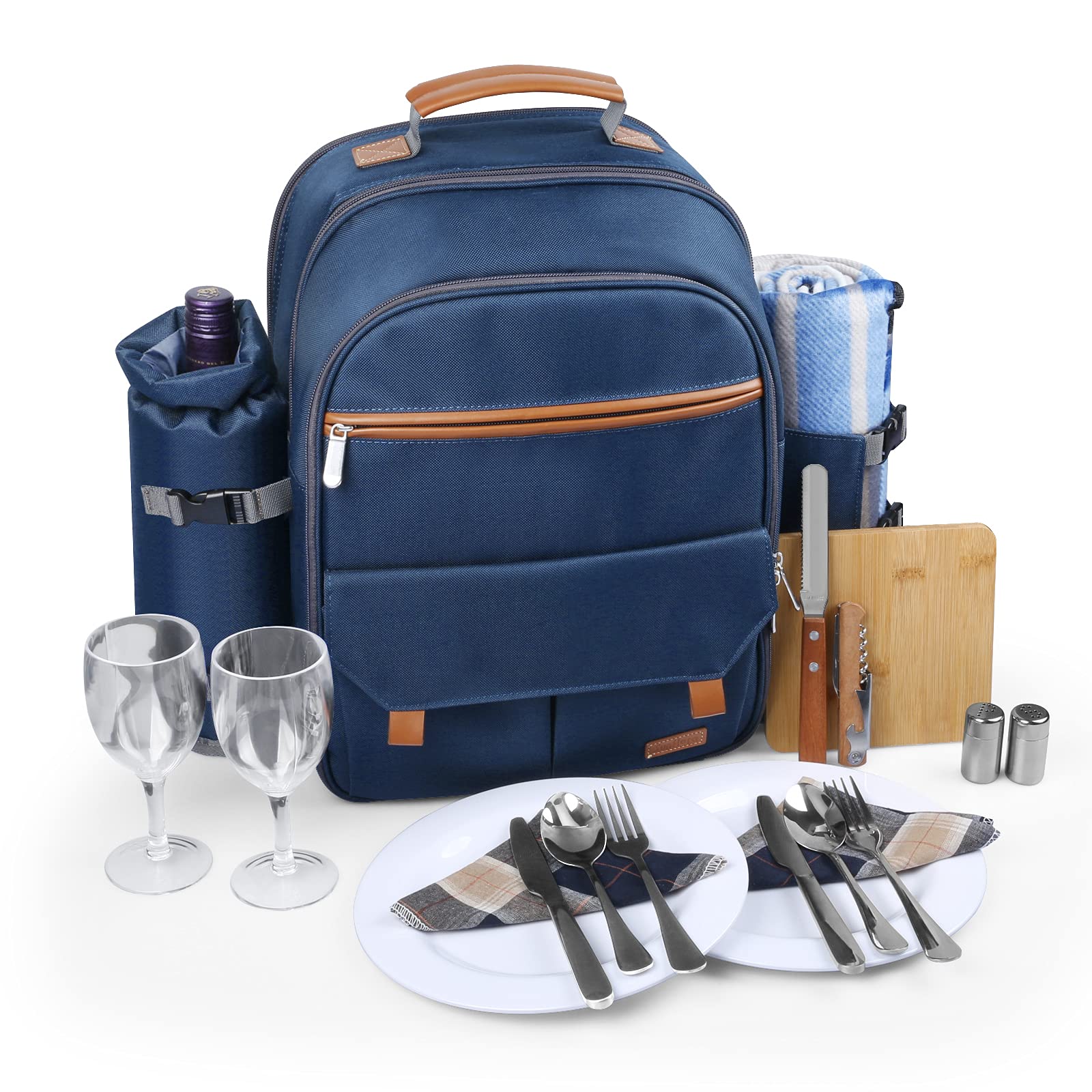 Sunflora backpack front view showing navy exterior and organized pockets for effortless transport