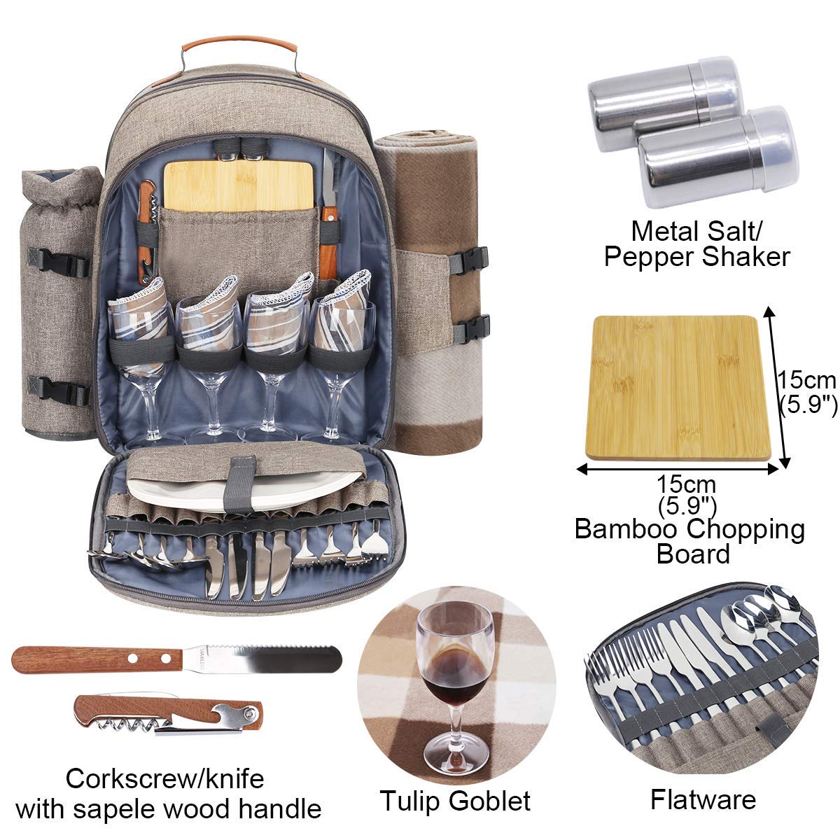 Sunflora backpack open layout displaying organized compartments and secured place settings for easy setup