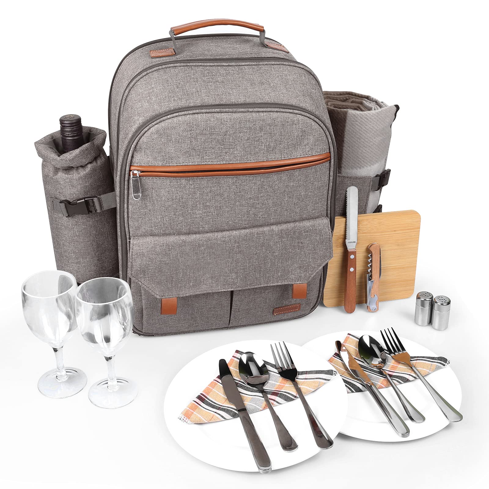 Sunflora front view of picnic backpack showing organized exterior and zippers for easy access