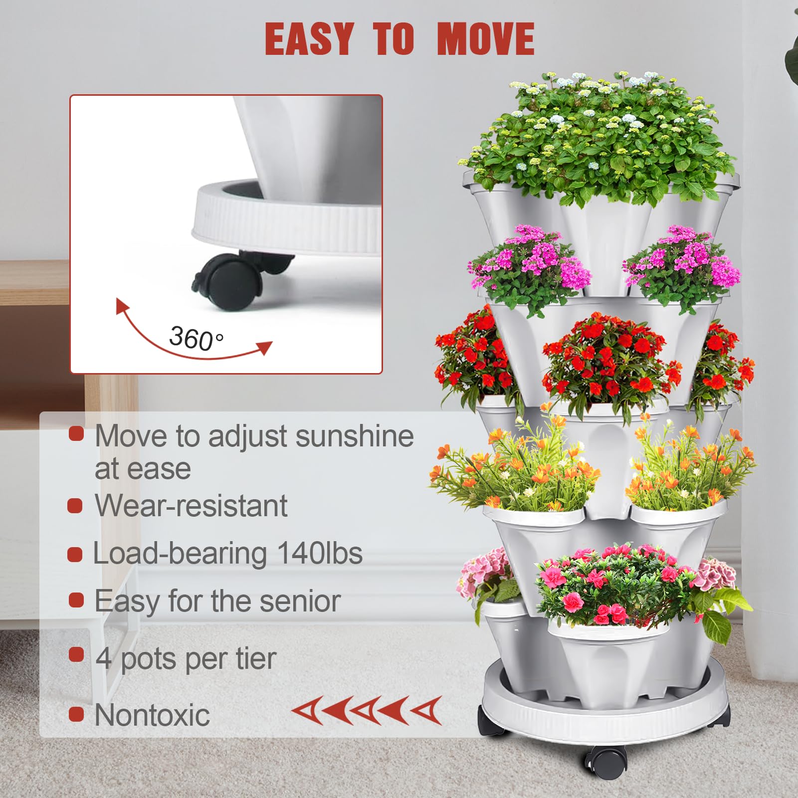 SunFunUSA caster wheels and base detail for effortless mobility and easy repositioning of the planted tower