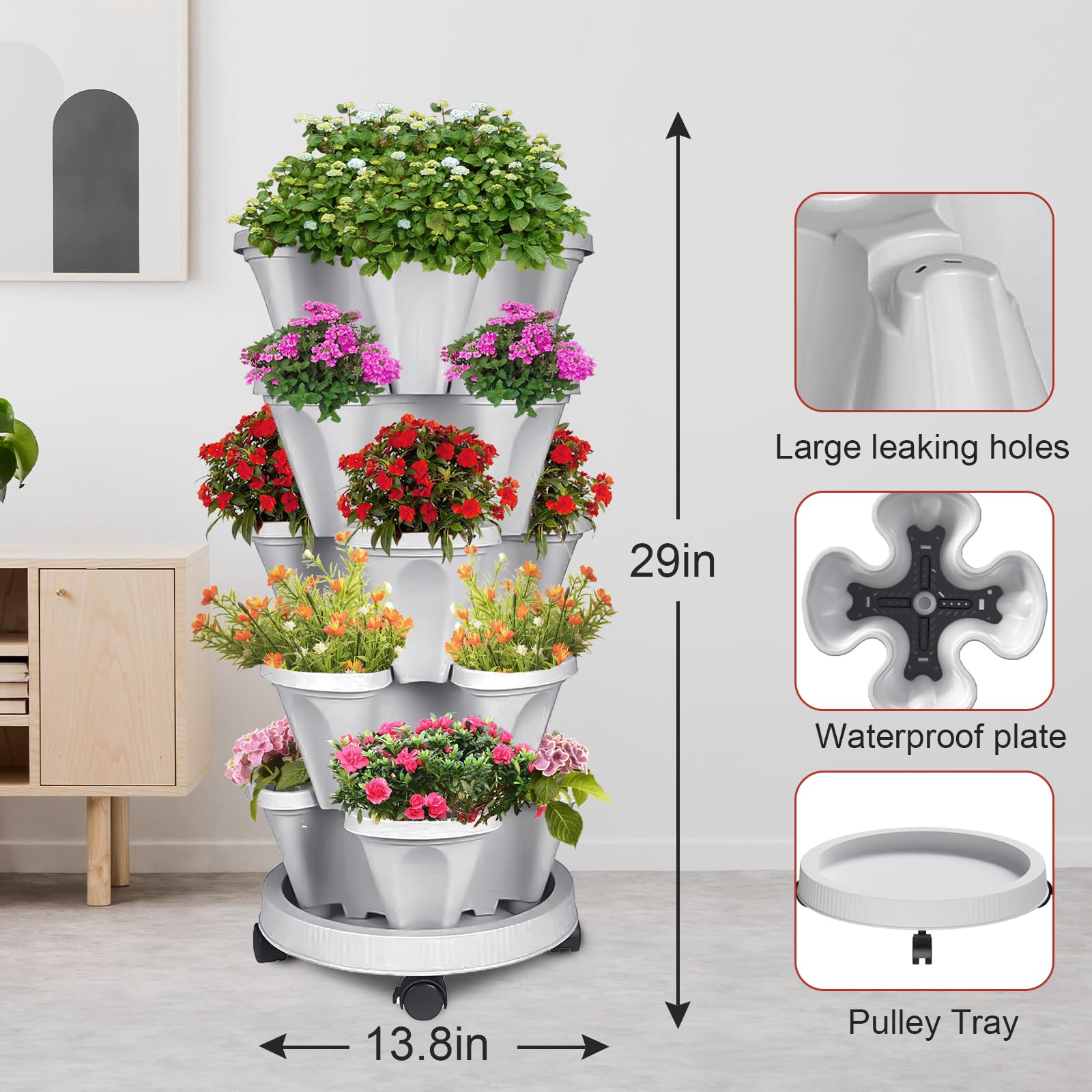 SunFunUSA close-up of planter tier texture and drainage holes demonstrating durable, food-safe polypropylene construction