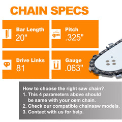 SUNGATOR chain mounted on a 20-inch bar demonstrating correct fit and easy swap