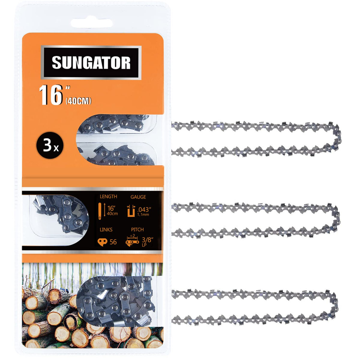 SUNGATOR three-pack front packaging showing replacement chains and benefit of spare chains