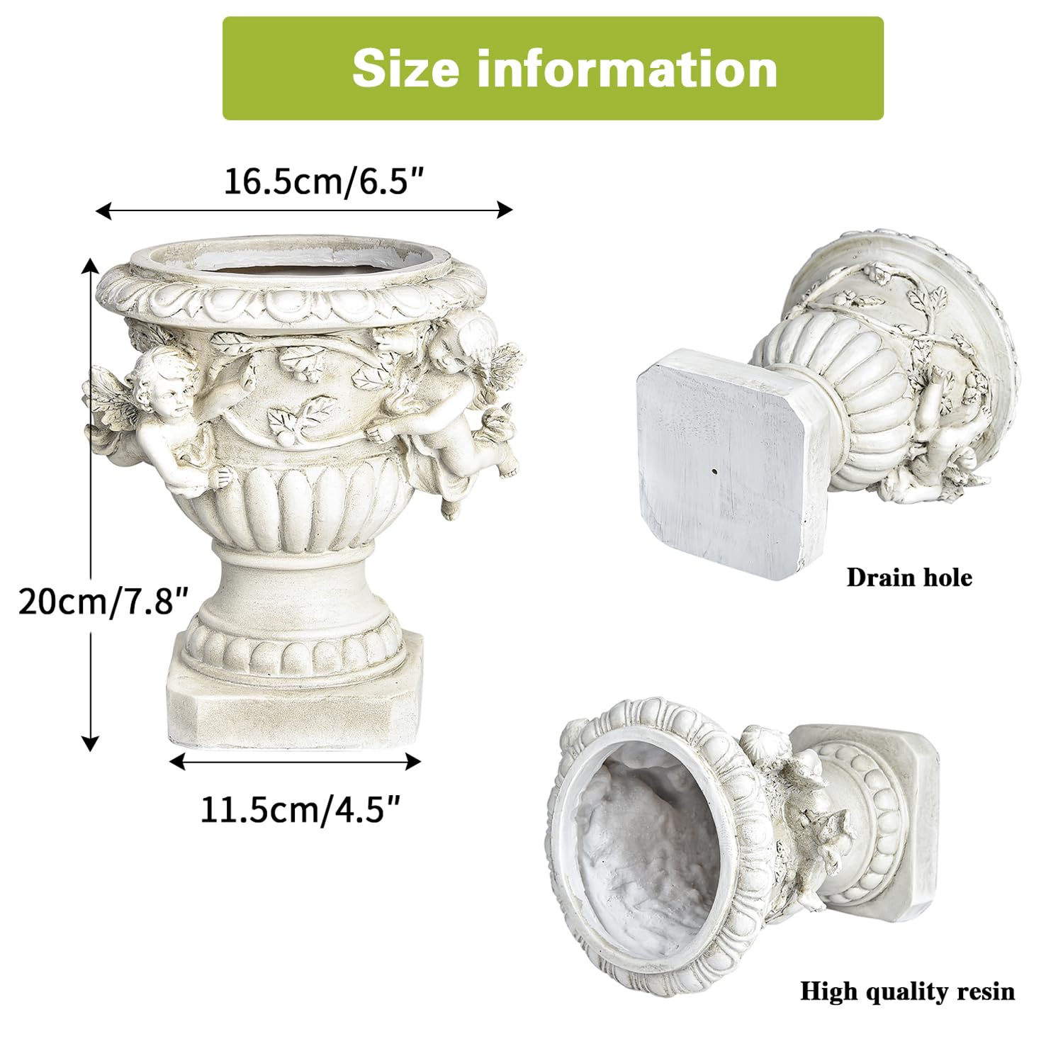 Sungmor cherub urn back view showing drainage hole and planting practicality