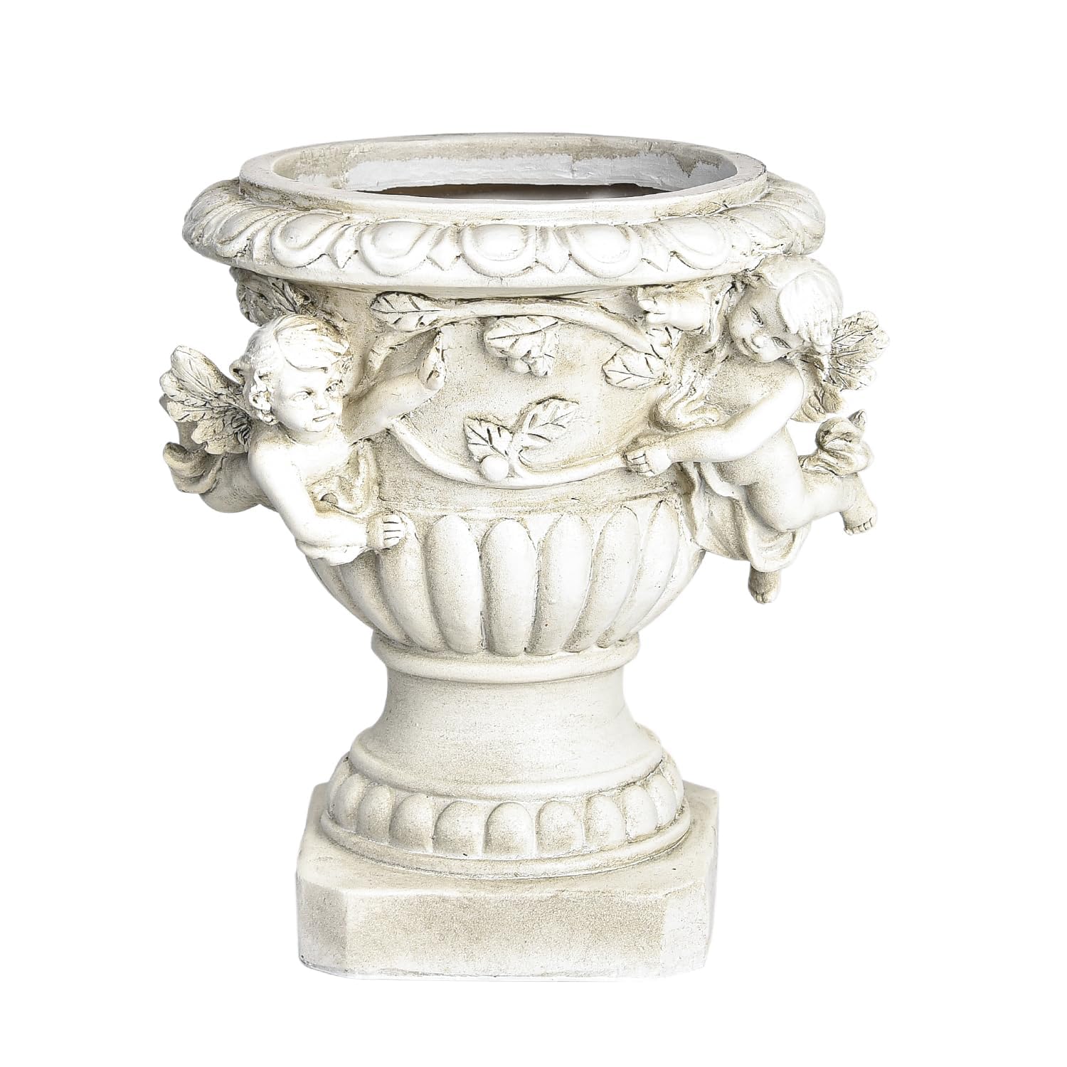 Sungmor cherub urn front view showing decorative silhouette and planter benefit