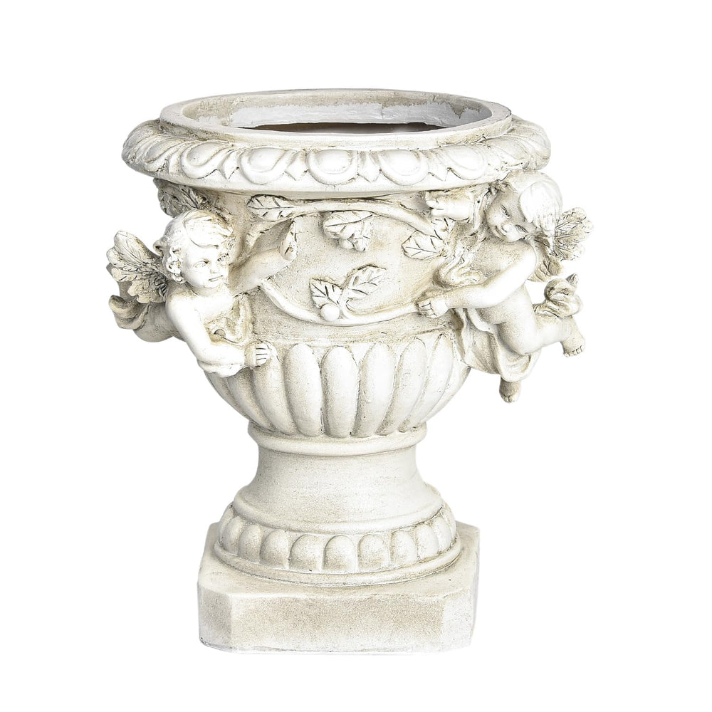 Sungmor cherub urn front view showing decorative silhouette and planter benefit