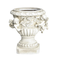 Sungmor cherub urn front view showing decorative silhouette and planter benefit