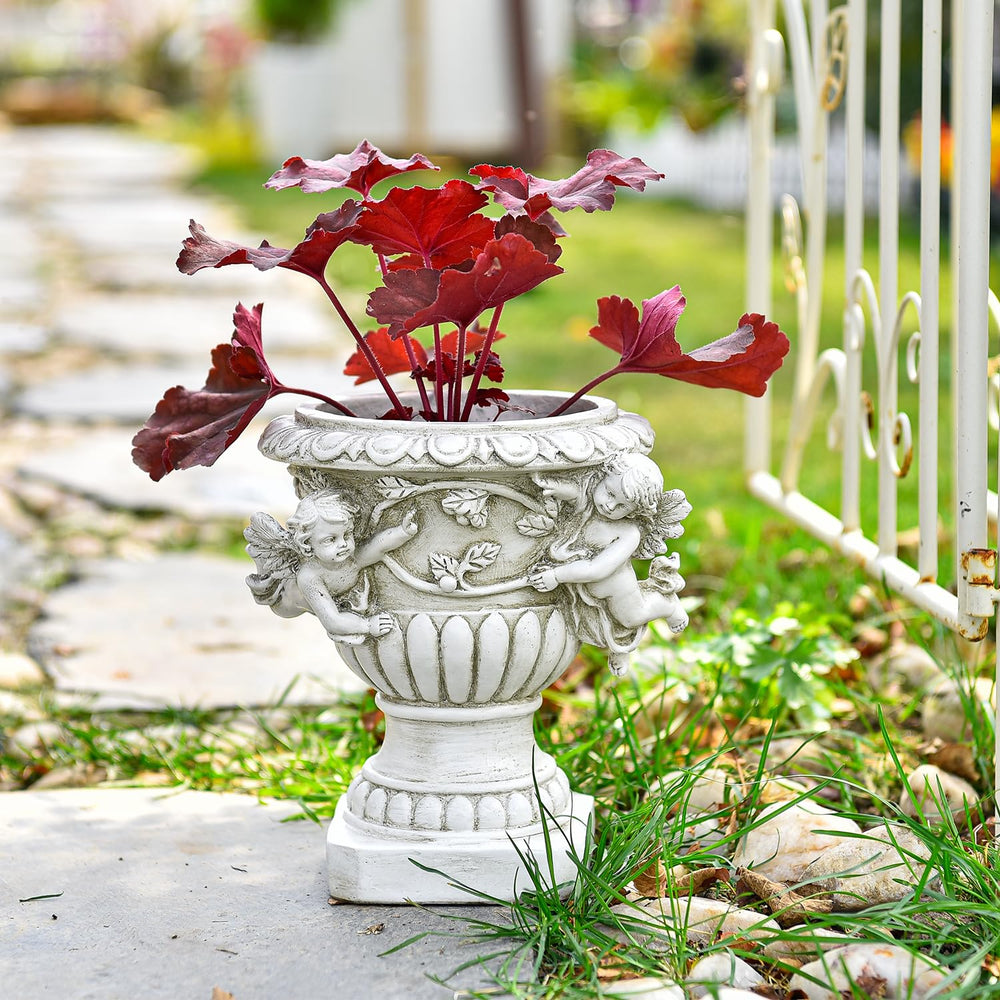 Sungmor cherub urn finish close-up showing rustic white weather-resistant texture
