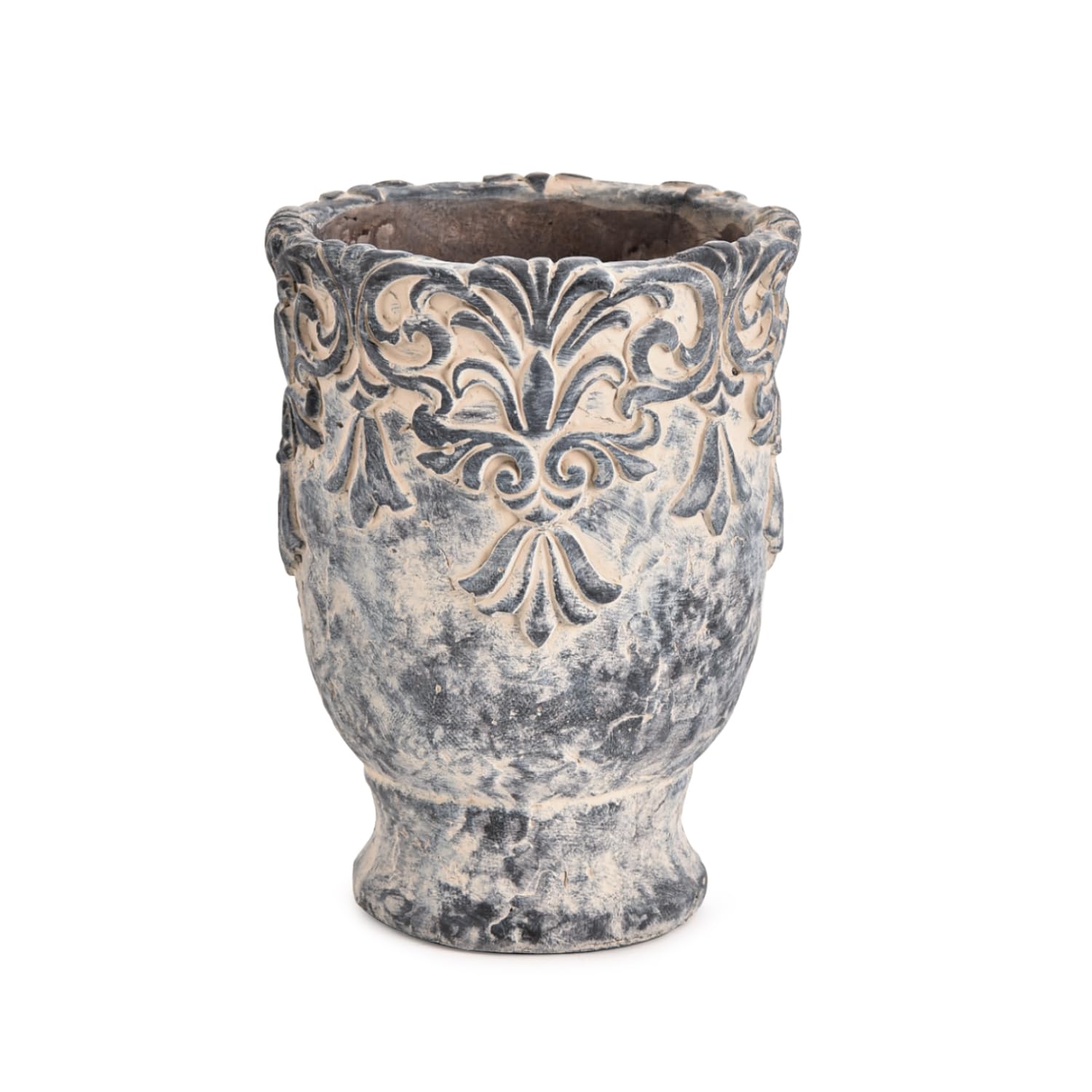 Sungmor front view of planter showing embossed vintage design and stability