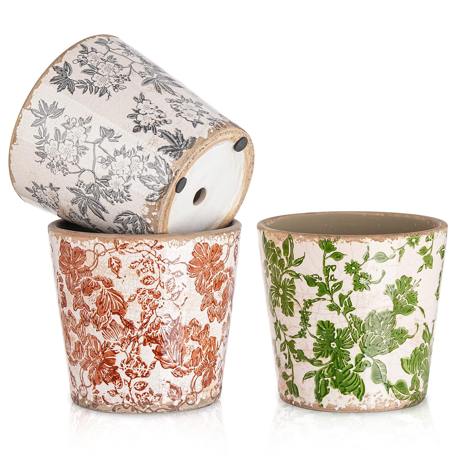Sungmor front view of three planters showing vintage farmhouse style and coordinated set
