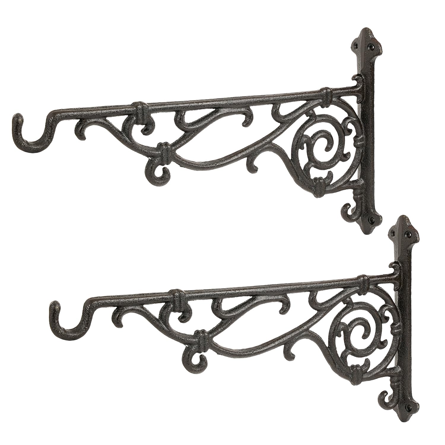 Sungmor front view of two black cast iron brackets showing decorative curve and strength