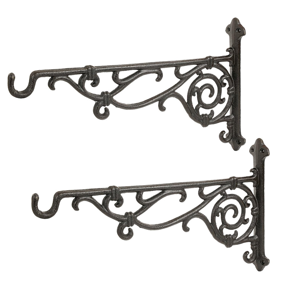 Sungmor front view of two black cast iron brackets showing decorative curve and strength
