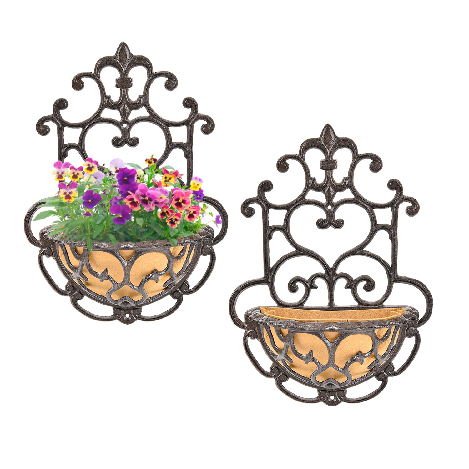 Sungmor front view of half-round cast iron planter showing shape and mounting