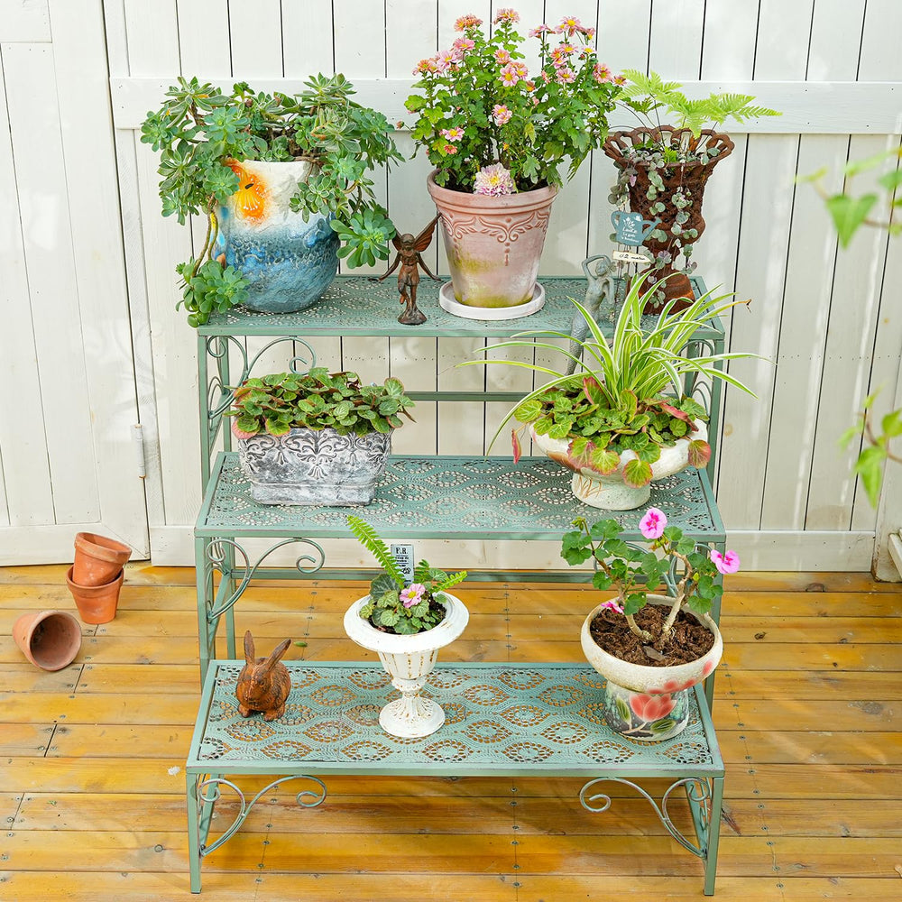 Sungmor front view of three-tier stand showing organized pots and space-saving benefit