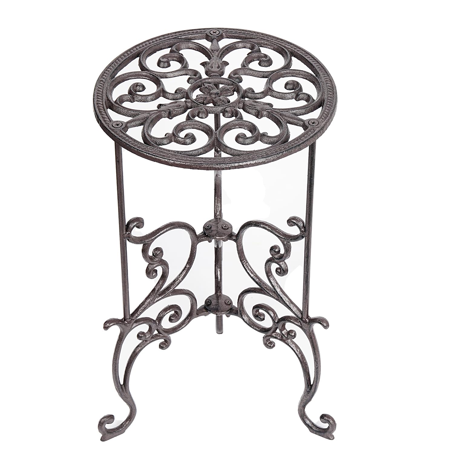 Sungmor front view of cast iron plant stand showing sturdy circular platform and vintage style benefit: strong support