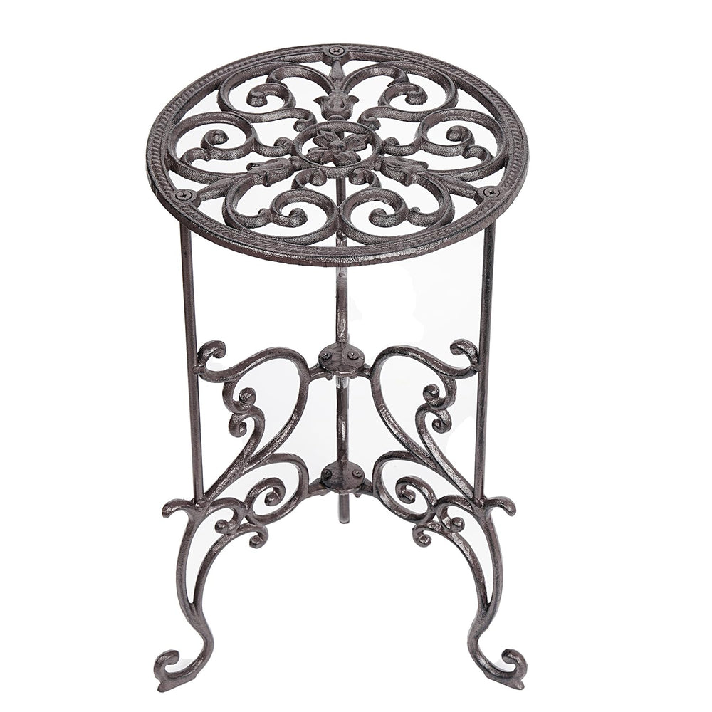 Sungmor front view of cast iron plant stand showing sturdy circular platform and vintage style benefit: strong support