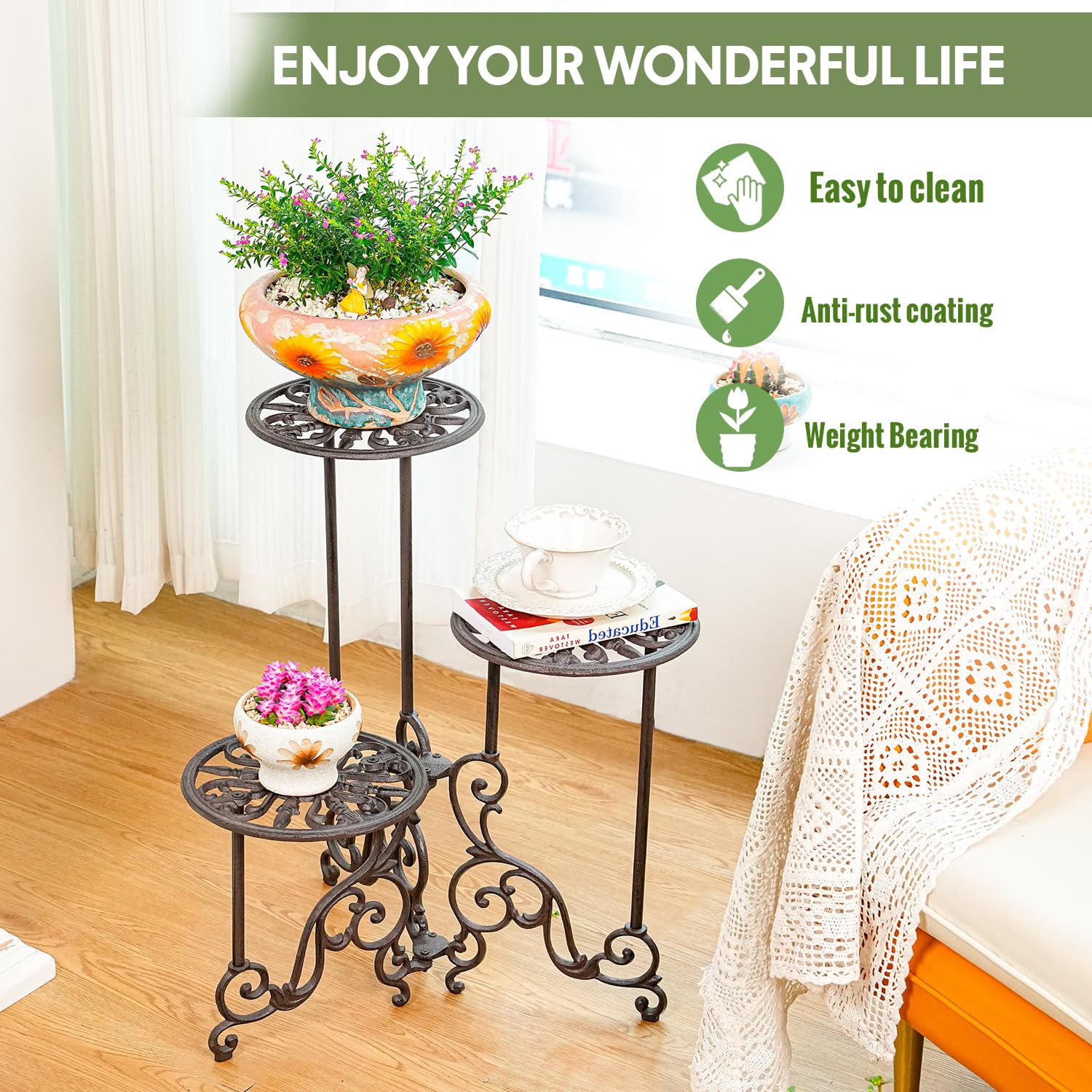 Sungmor on a patio with multiple plants showing outdoor suitability and styling
