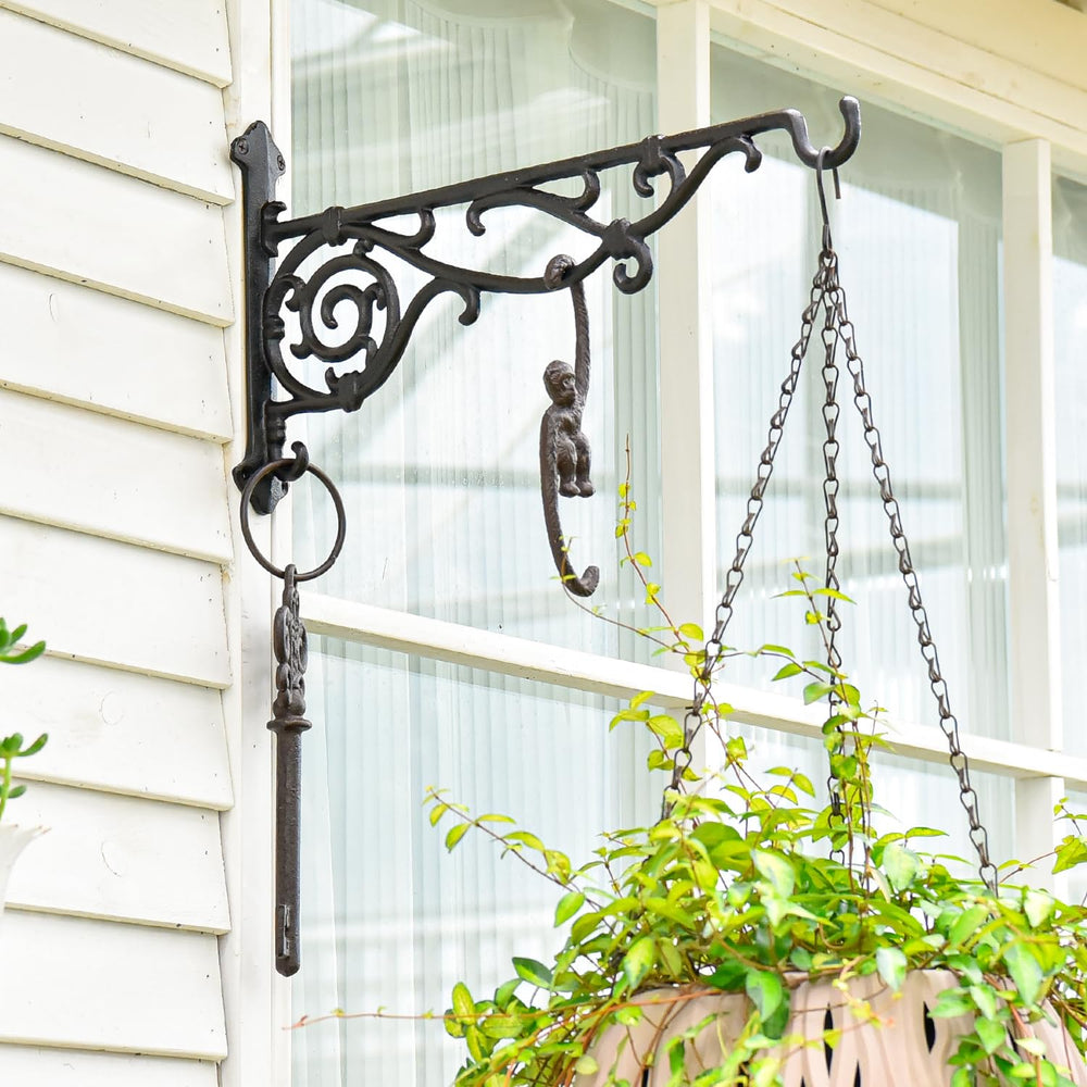Sungmor porch lifestyle scene with brackets displaying plants and solar light benefits