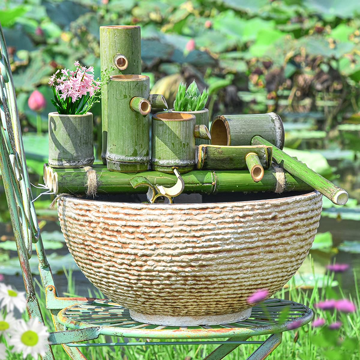 Sungmor bowl used as tabletop fountain with pump, adds soothing water feature