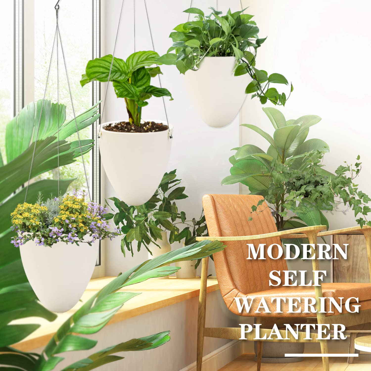 Sungmor trio of hanging planters staged in living room showing stylish display benefit