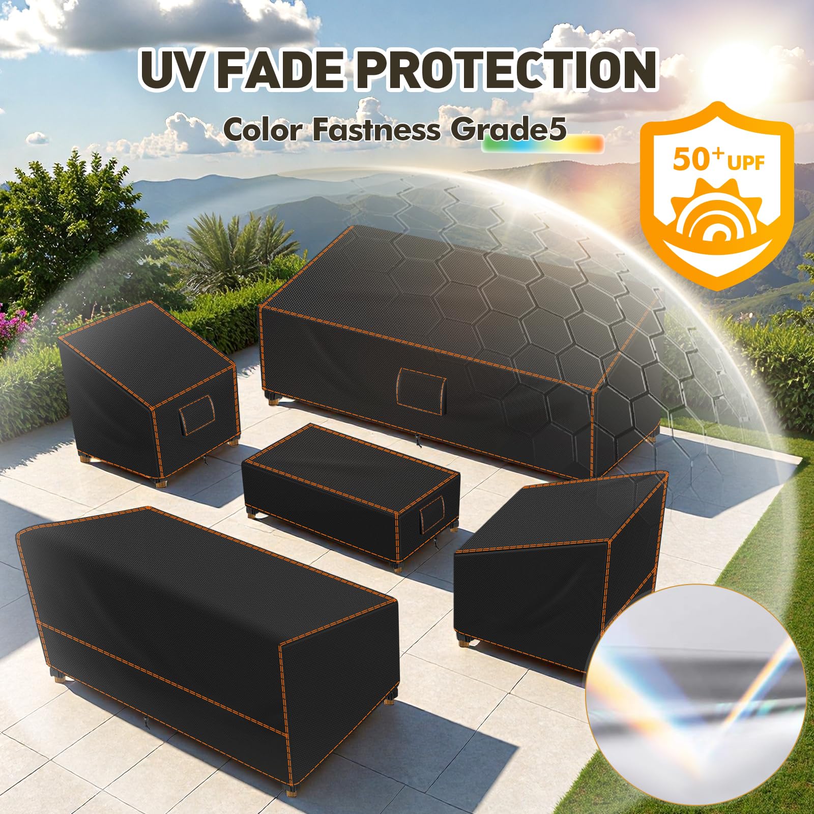 SUNICO covers installed on patio furniture illustrating weather protection benefits