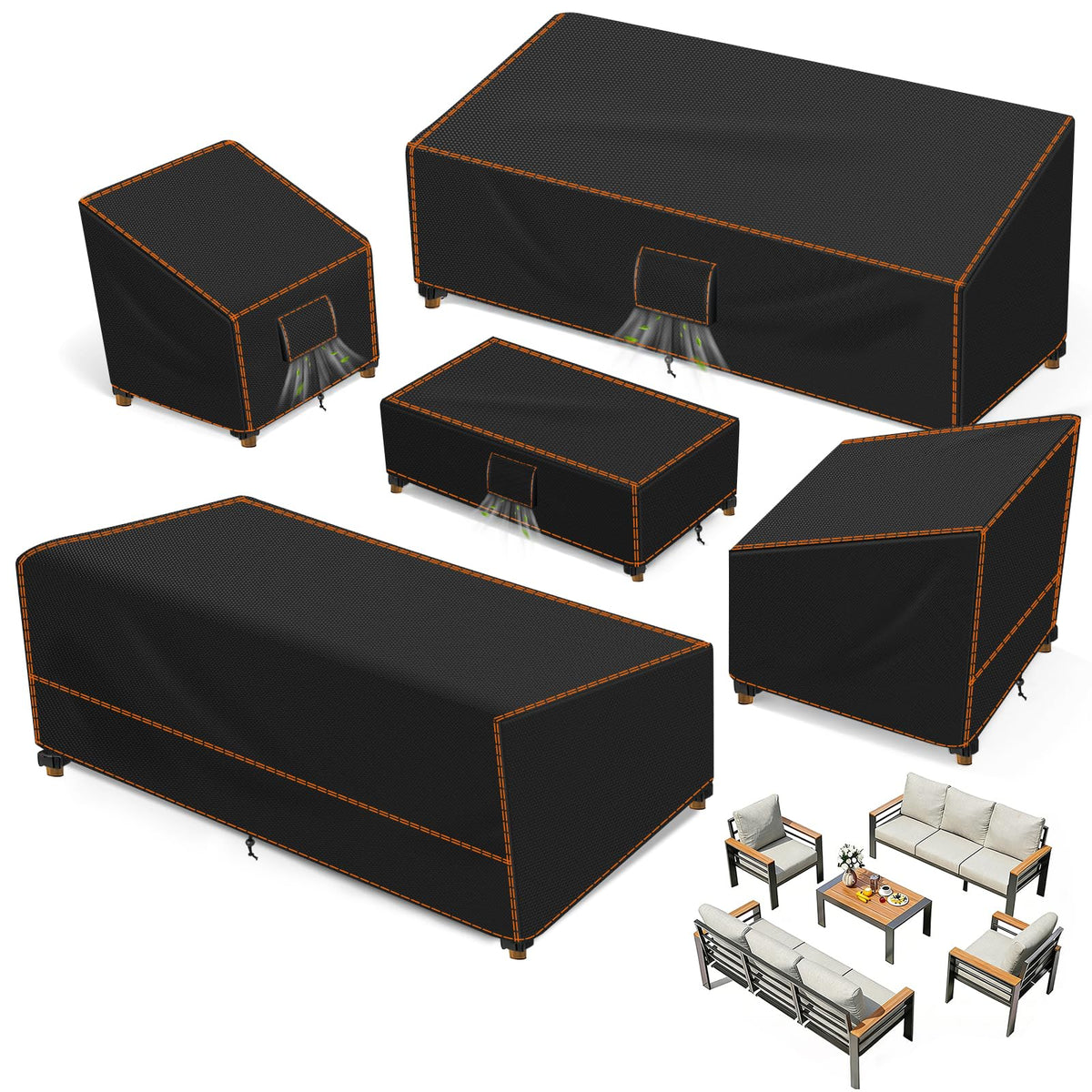 SUNICO front view of full 5-piece cover set showing neat black fit and uniform protection