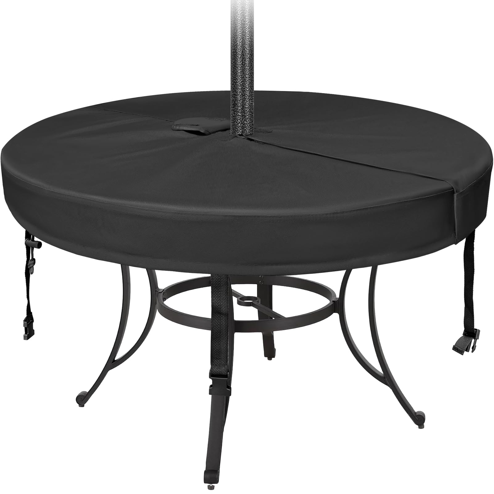 SUNICO front view of 60-inch round cover showing full table protection and neat fit