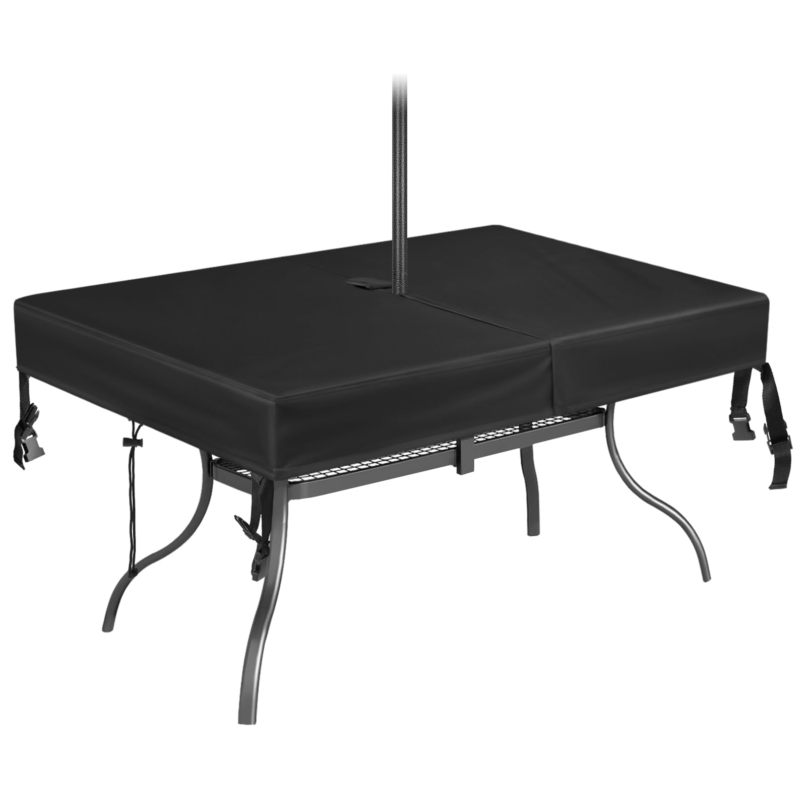SUNICO front view of black patio table cover showing full fit and clean edges, protects furniture