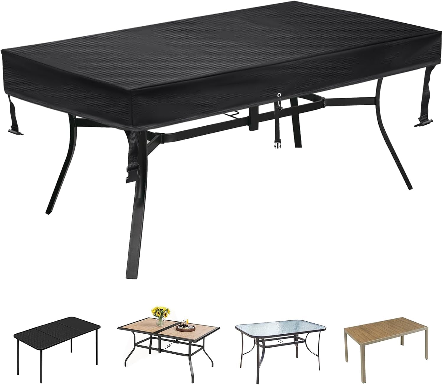 SUNICO front view of rectangular table cover protecting patio furniture