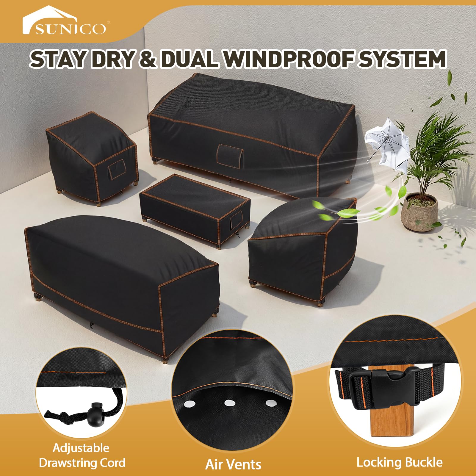 SUNICO patio scene with covers on chairs, sofa and table demonstrating outdoor protection