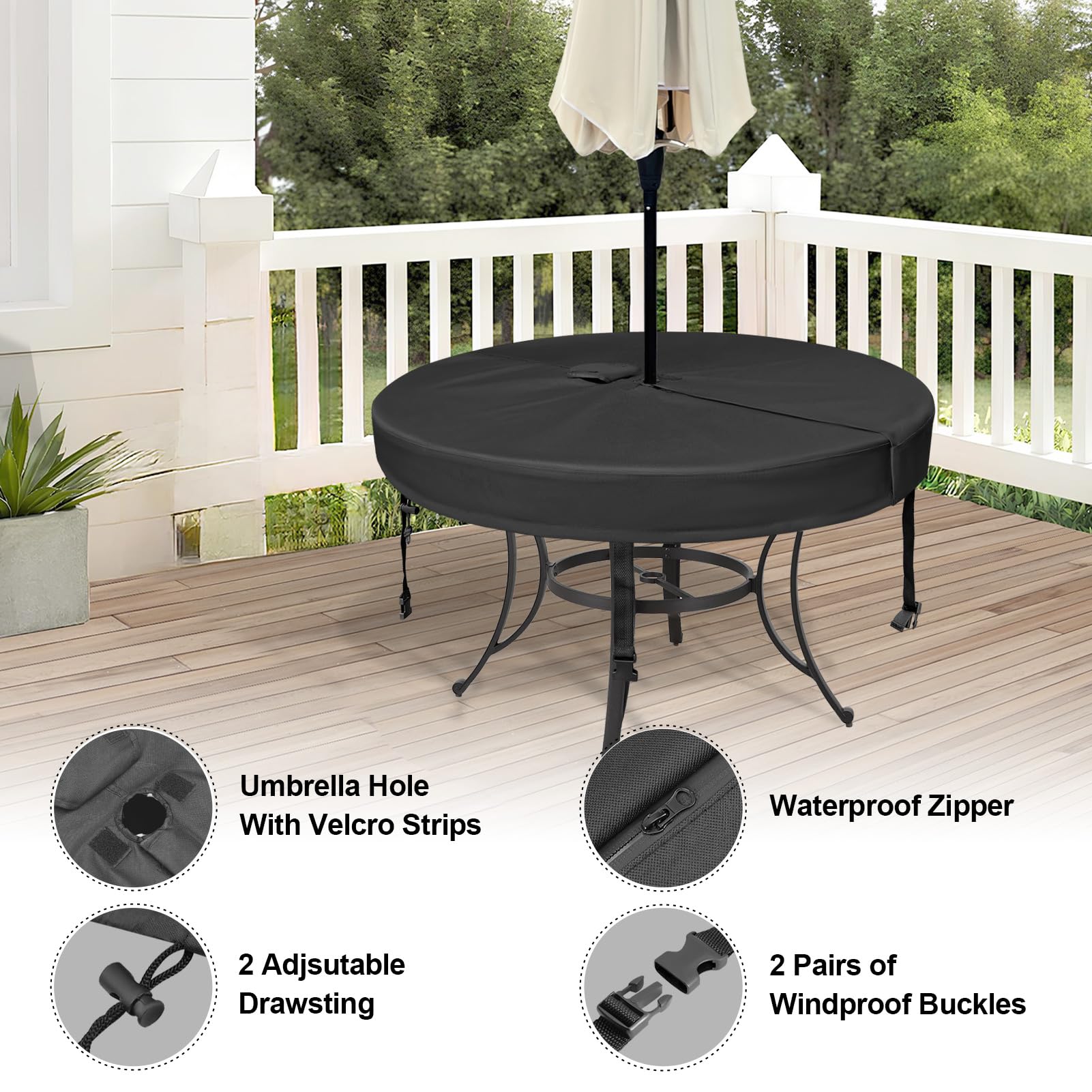 SUNICO size comparison on tabletop illustrating fit for 60-inch diameter tables