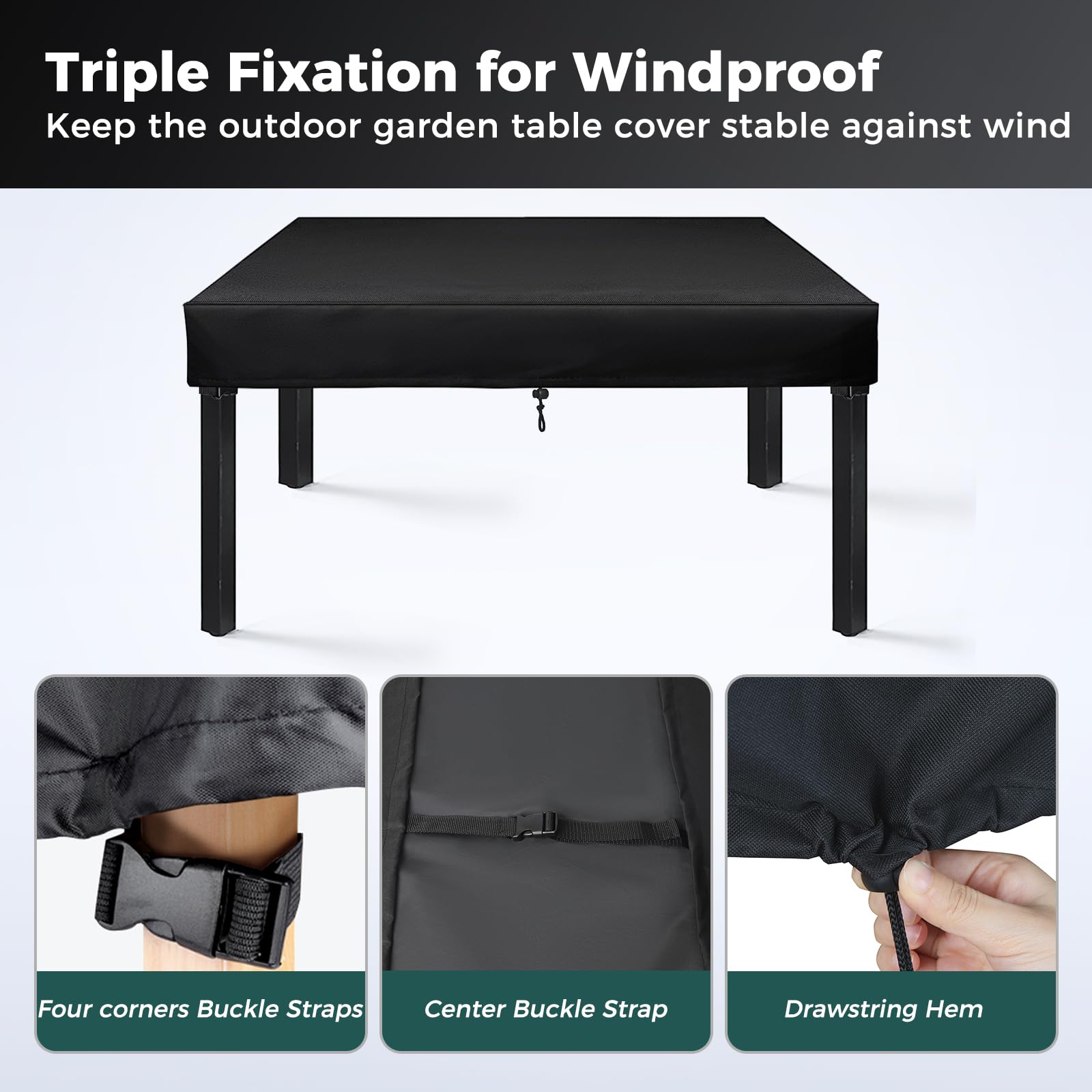SUNICO detail of corner buckles and drawstring providing secure windproofing