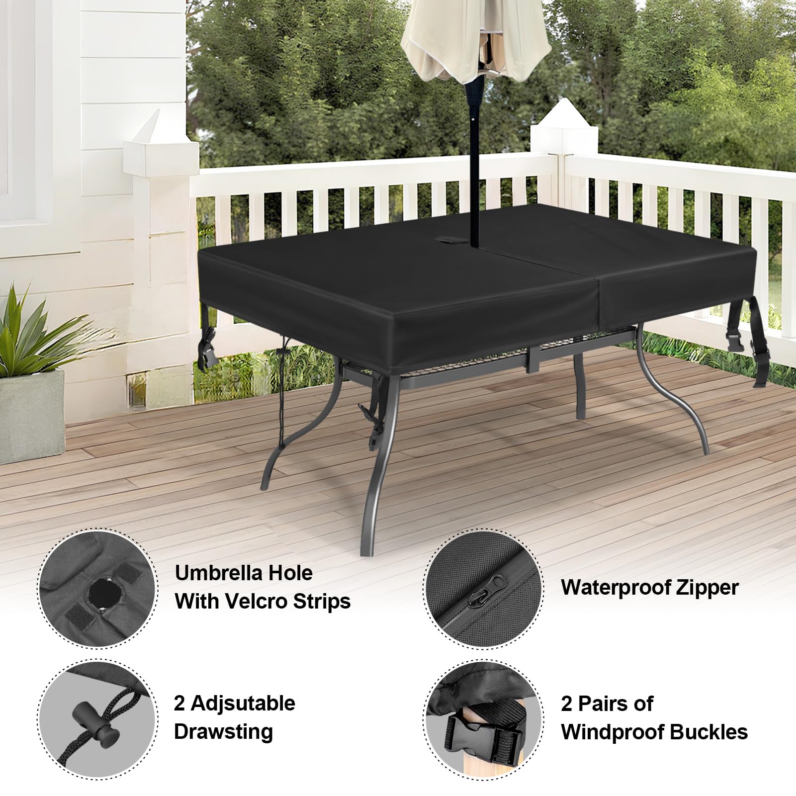 SUNICO covered outdoor table on a patio showing protection from rain and sun during use