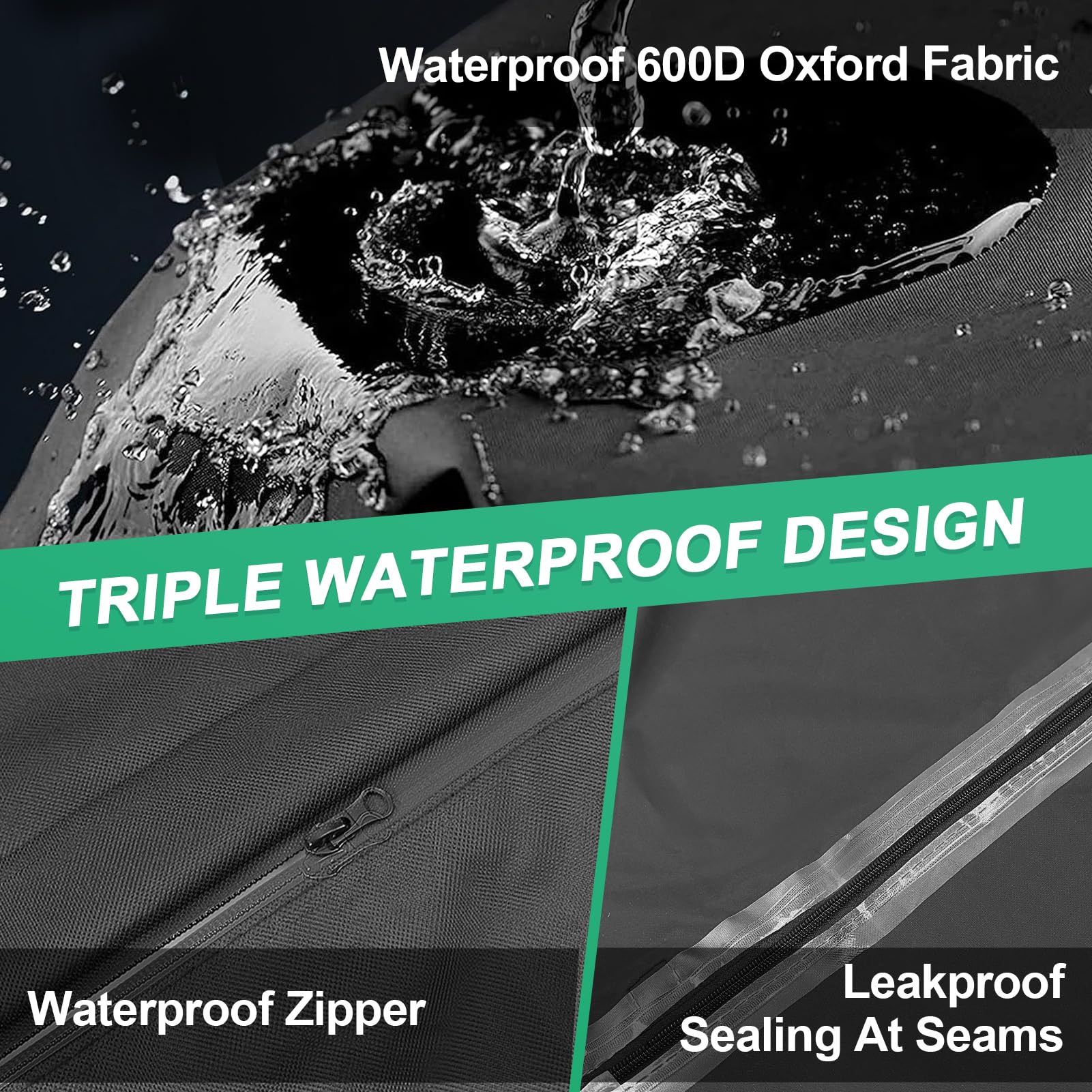 SUNICO heavy-duty zipper and taped seam detail reducing water ingress and enhancing durability