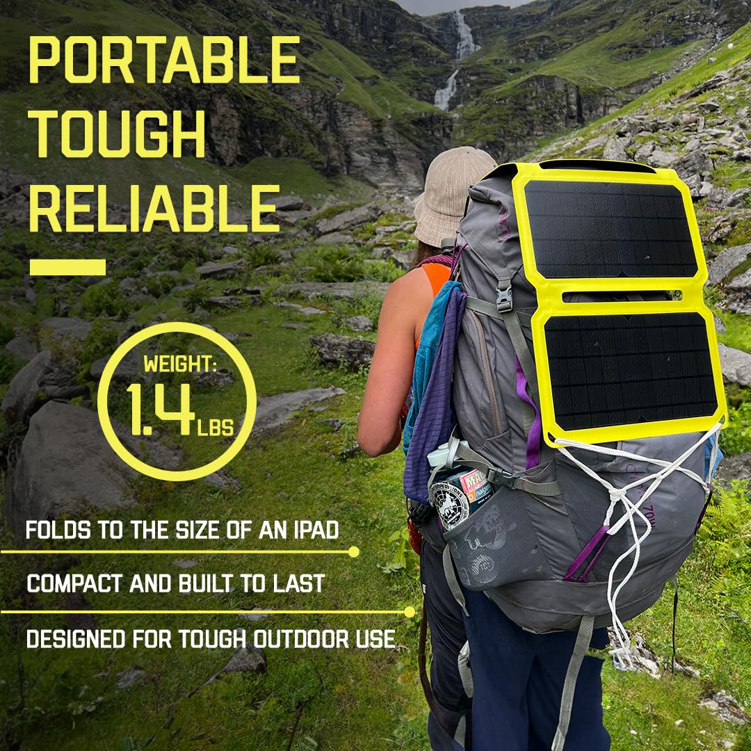 SunJack attached to backpack during hike offering hands-free solar charging