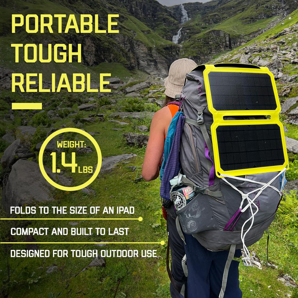 SunJack attached to backpack during hike offering hands-free solar charging