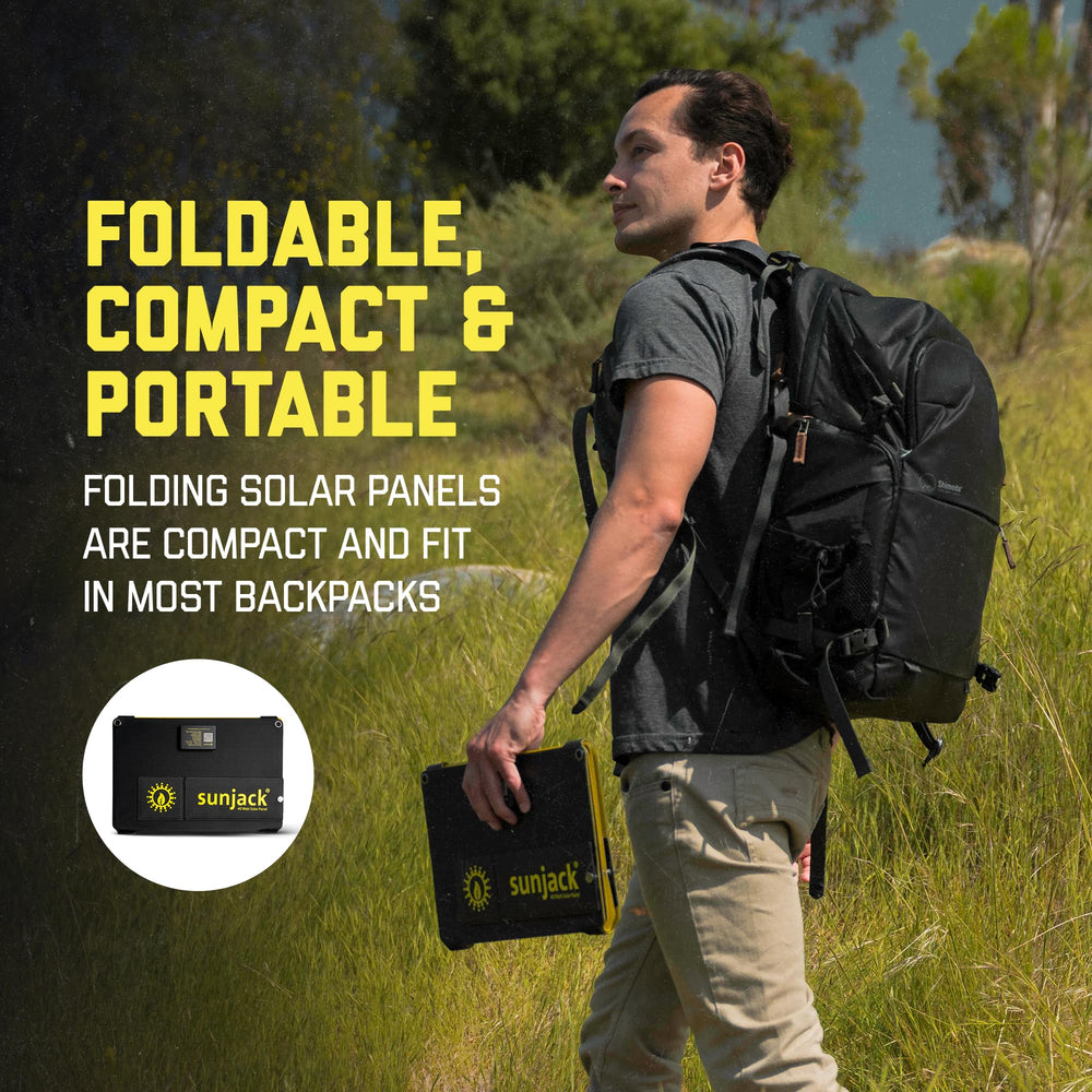 SunJack hanging from backpack with carabiner showing hands-free charging benefit