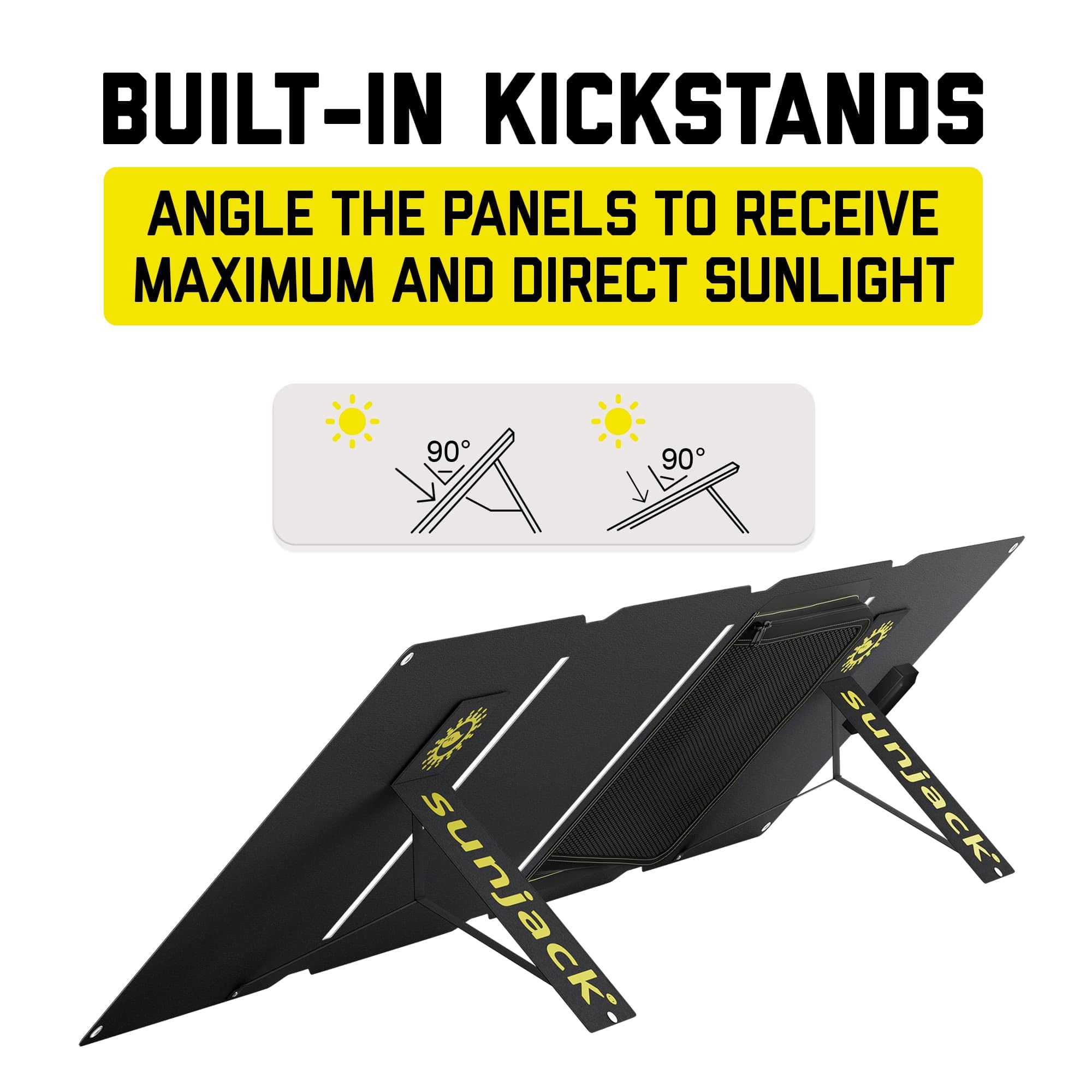 SunJack with kickstand angled toward sun showing quick setup and optimal charging benefit