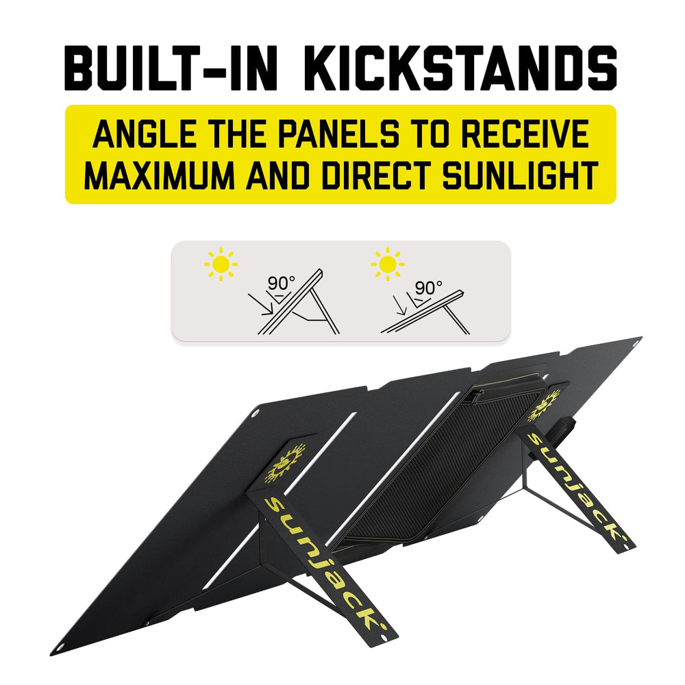 SunJack with kickstand angled toward sun showing quick setup and optimal charging benefit