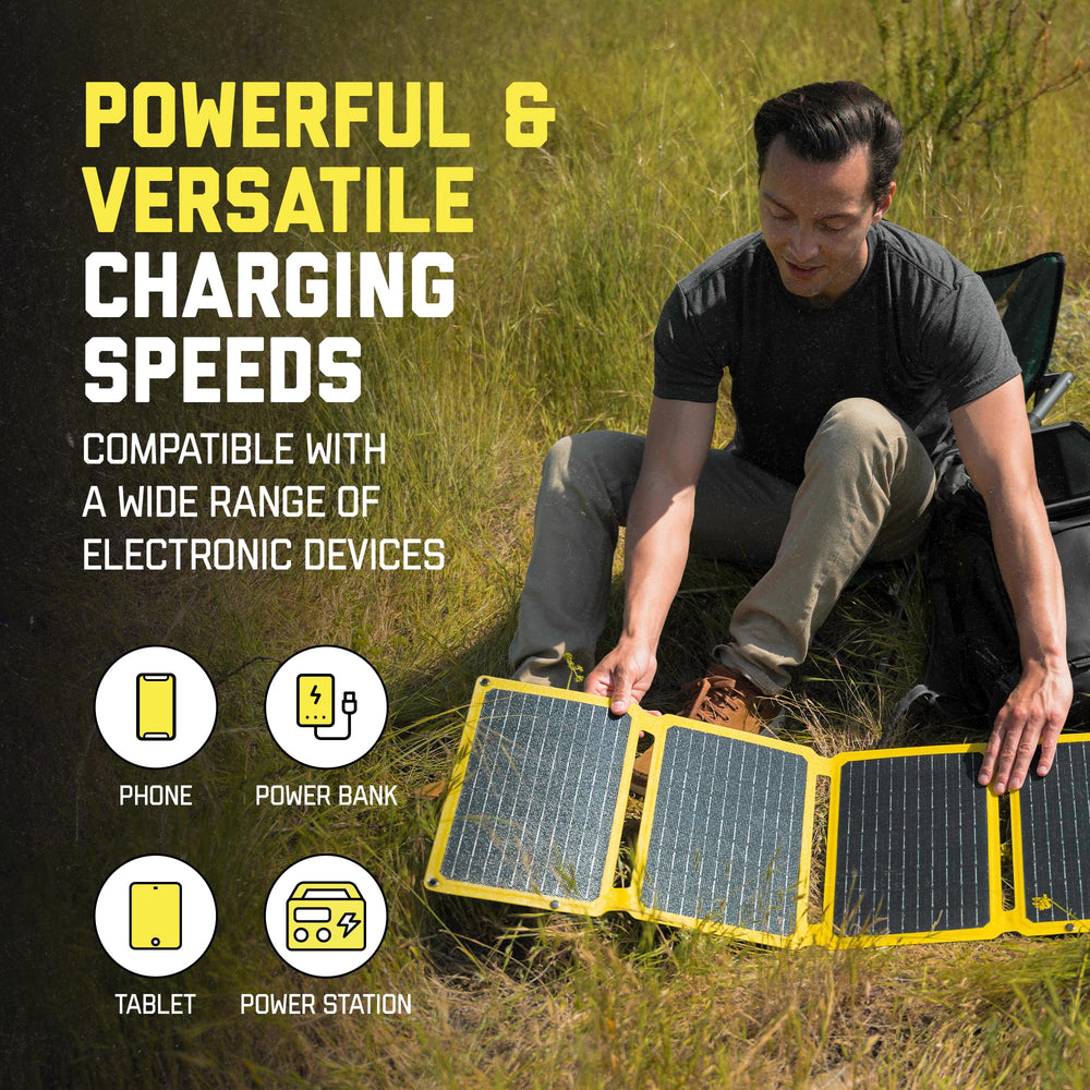 SunJack unfolded front view displaying four panels and high-efficiency cells benefit
