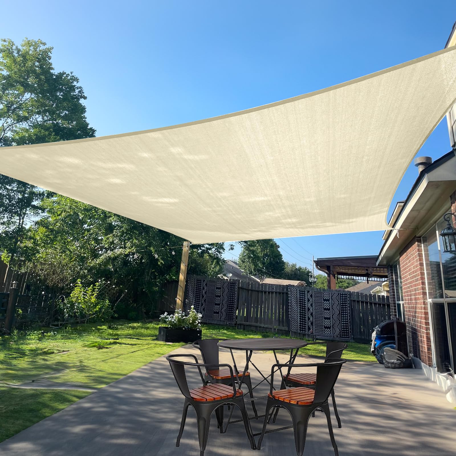 SUNLAX front view of butter cream 8x10 shade sail showing clean rectangle profile and coverage