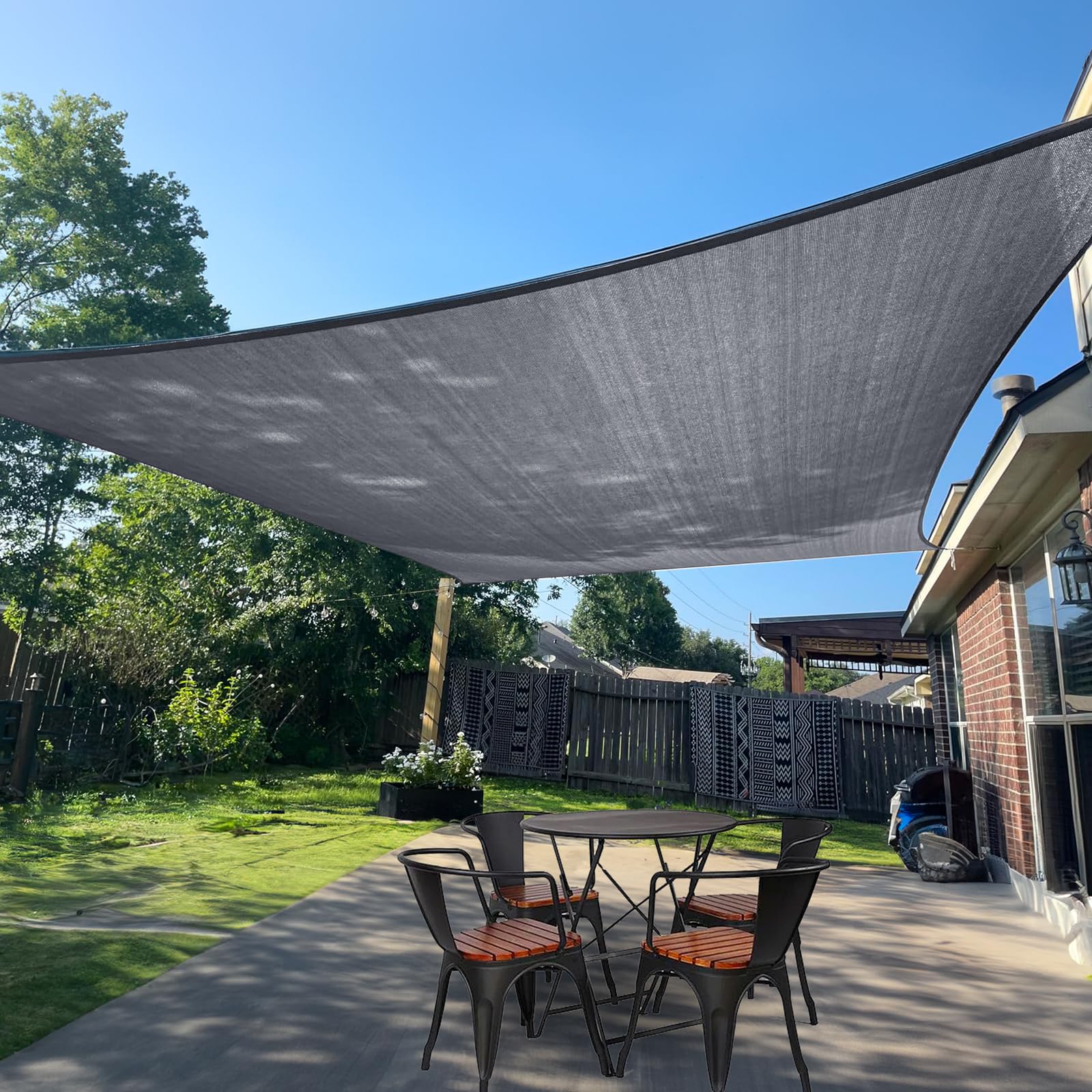 SUNLAX front view of dark grey rectangle shade sail showing full canopy and size benefit