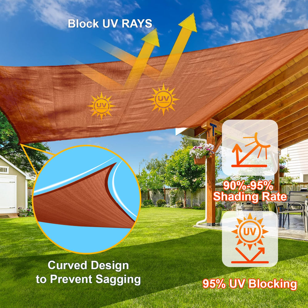 SUNLAX shade sail stretched over patio seating, creates cooler shaded outdoor area