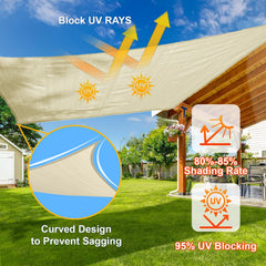 SUNLAX shade sail installed over a wooden deck providing cool, shaded outdoor seating